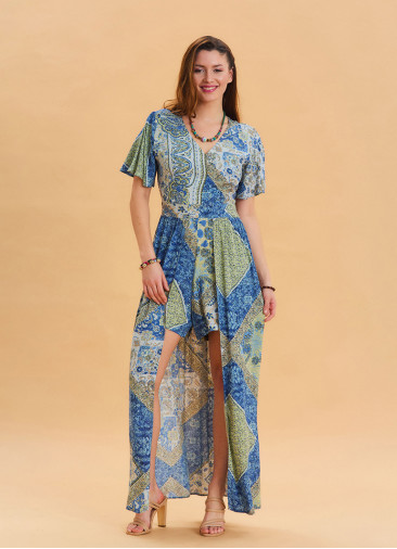 Blue Women's Ethnic Jumpsuit with Flounce Sleeves and Shorts Detail 4489